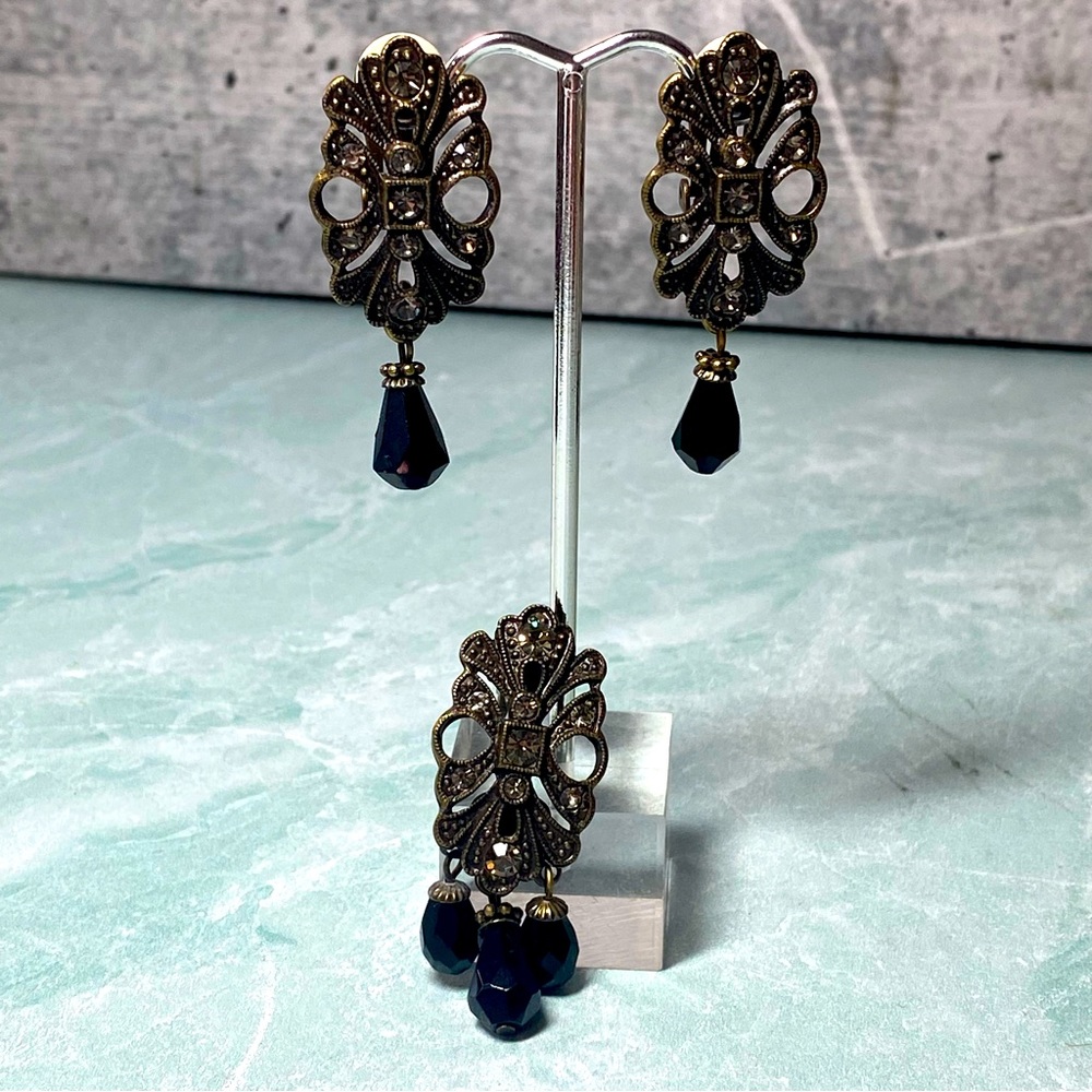 Sweet Romance made in the USA bronze tone and black clip on earrings and pendant